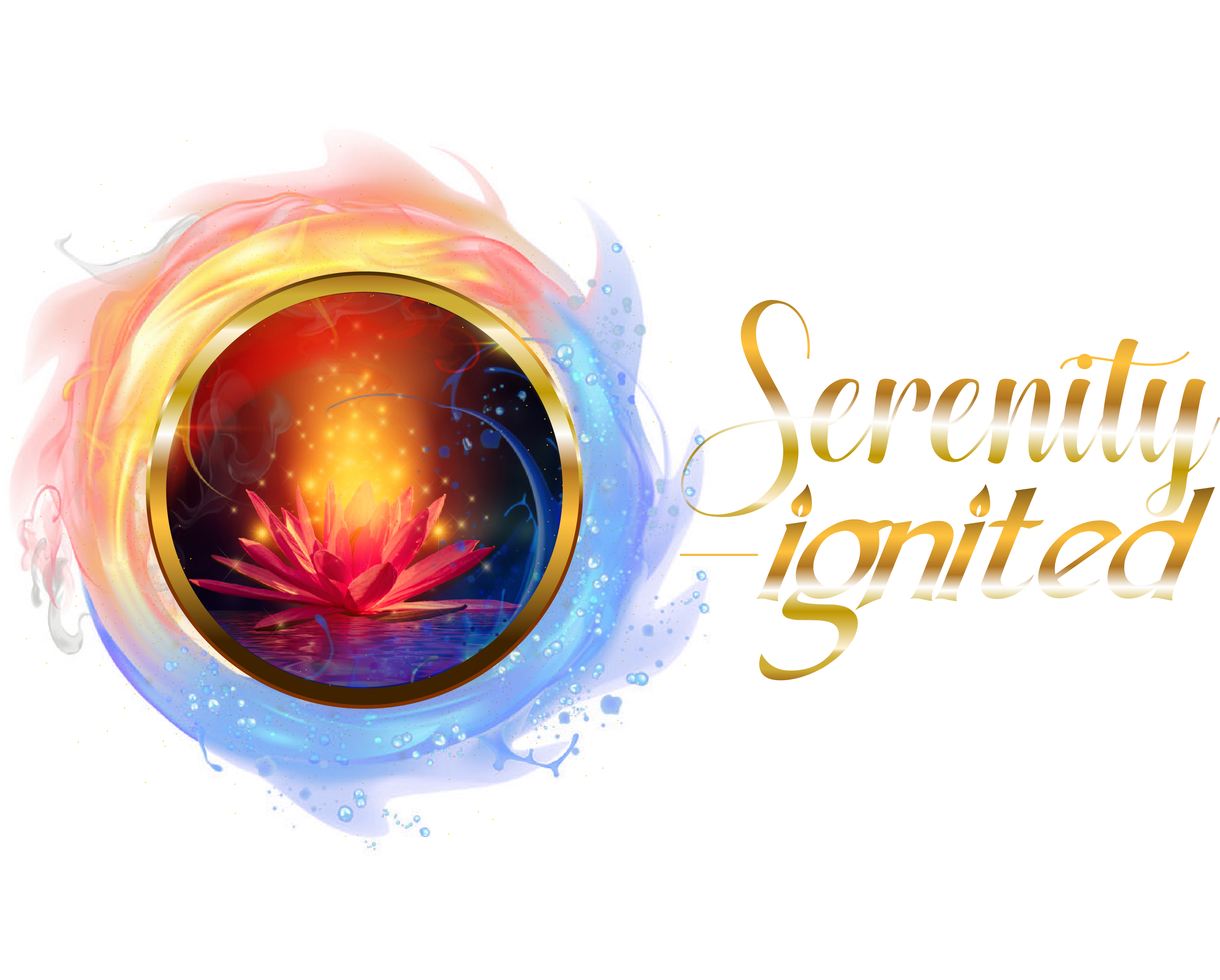 Serenity Ignited logo showing a swirl of fire and water surrounding a glowing lotus flower.